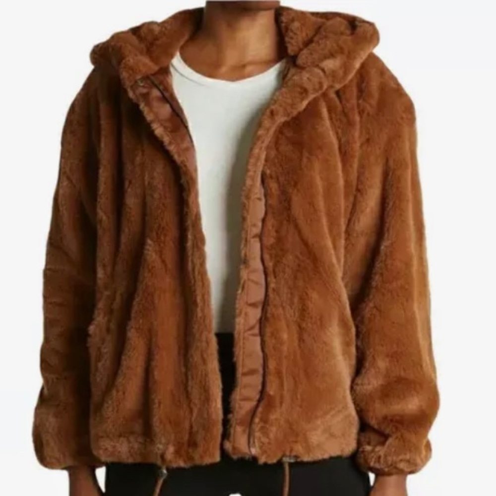NEW Lucky Brand Faux Fur Hooded Zip Jacket Chestnut New With Tags